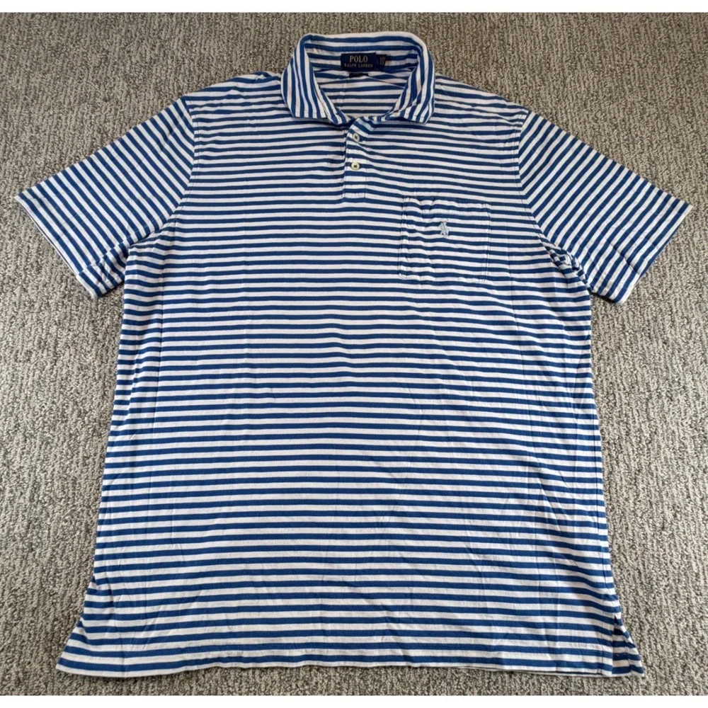 Polo Ralph Lauren Polo Shirt Mens Large Blue White Striped Classic Fit Pocket
